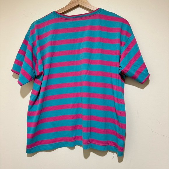 Unisex Striped Teal and Pink Shirt Vintage Single Stitch Cotton T-Shirt Size M - Picture 12 of 16